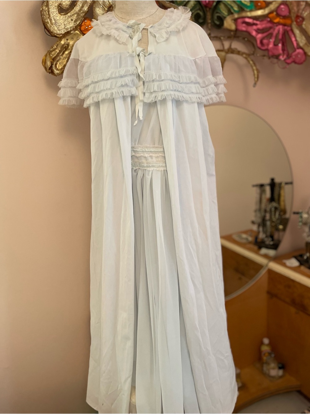 Vintage Pale Blue Ruffled Peignoir Robe with Capelet